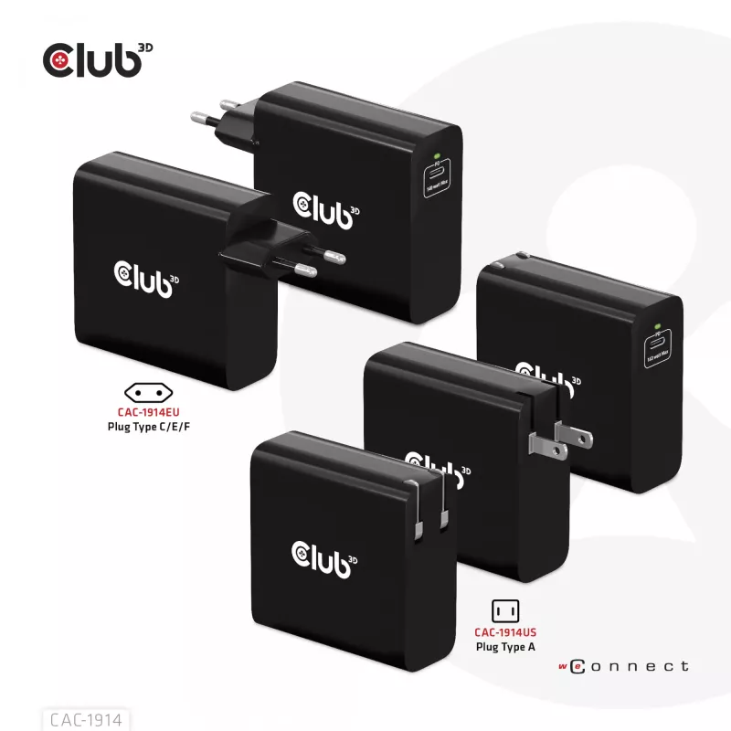 CLUB3D Travel Charger 140 W GaN technologija, vienas USB Type-C prievadas, Power Delivery (PD) 3.1 palaikymas