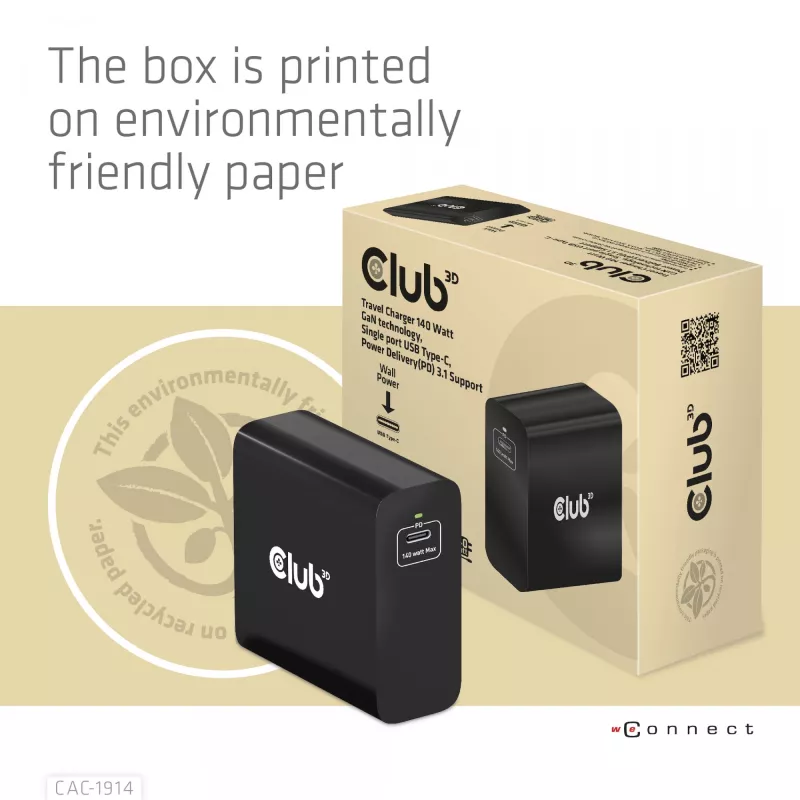 CLUB3D Travel Charger 140 W GaN technologija, vienas USB Type-C prievadas, Power Delivery (PD) 3.1 palaikymas