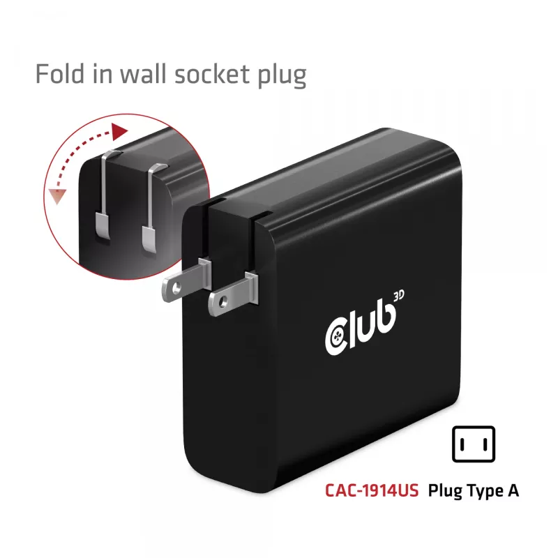 CLUB3D Travel Charger 140 W GaN technologija, vienas USB Type-C prievadas, Power Delivery (PD) 3.1 palaikymas
