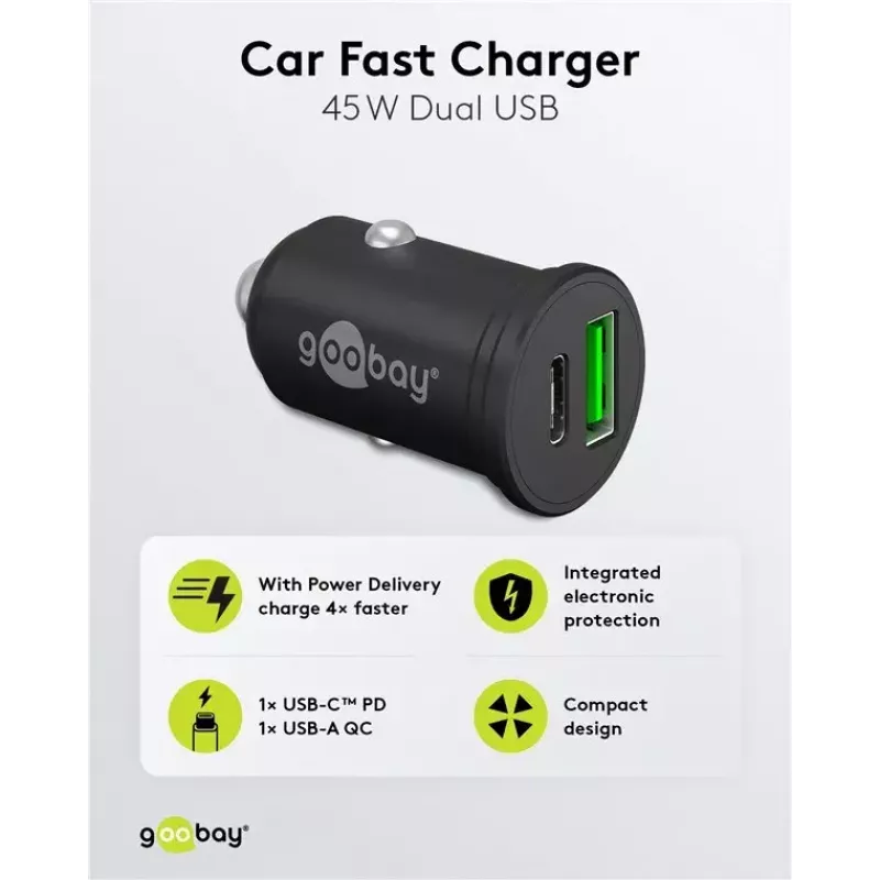Goobay Dual-USB automobilinis greitasis įkroviklis USB-C PD 45W juodas