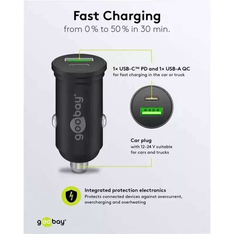 Goobay Dual-USB automobilinis greitasis įkroviklis USB-C PD 45W juodas