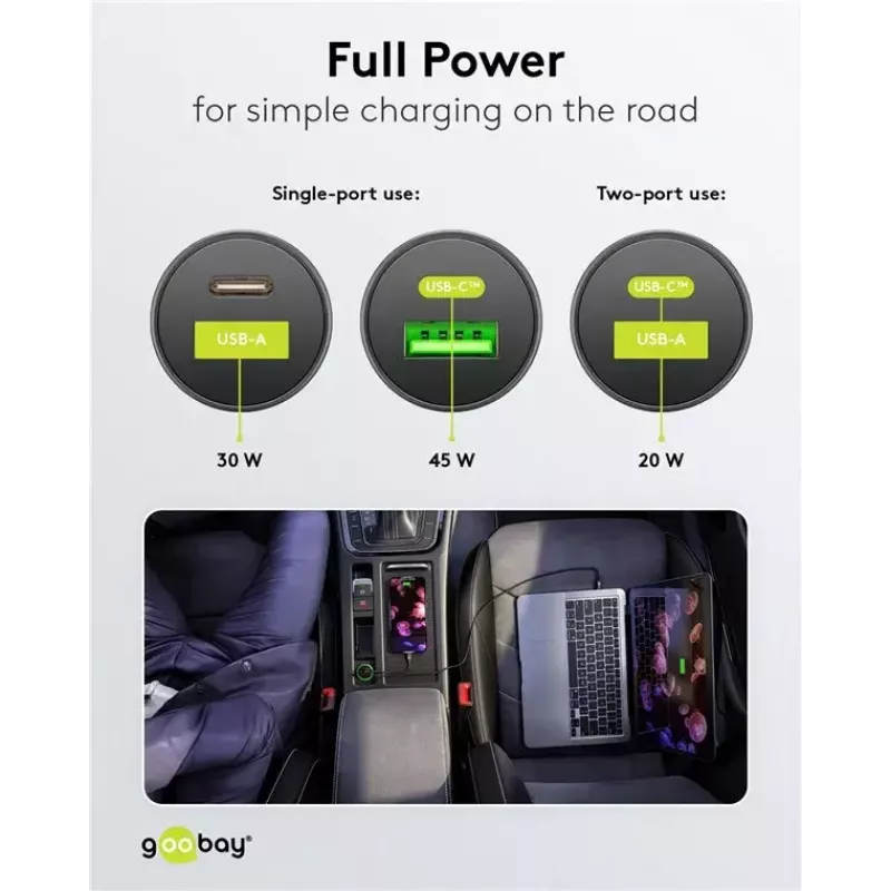 Goobay Dual-USB automobilinis greitasis įkroviklis USB-C PD 45W juodas