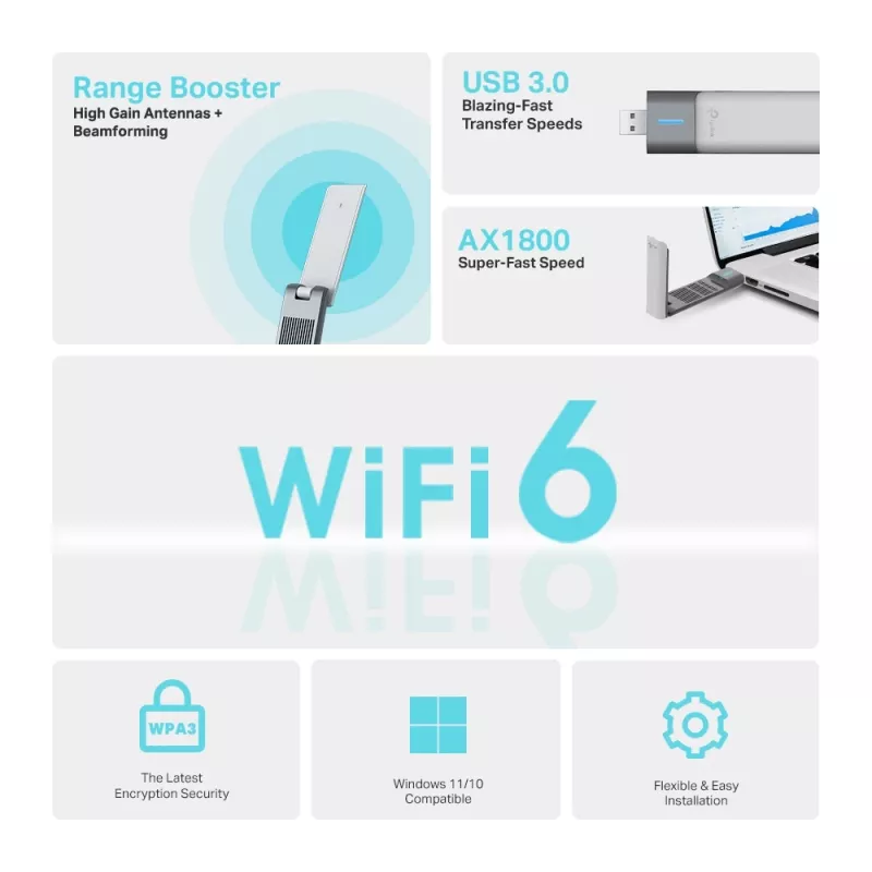 TP-Link Archer AX1800 didelio stiprinimo dviejų juostų Wi-Fi 6 USB adapteris