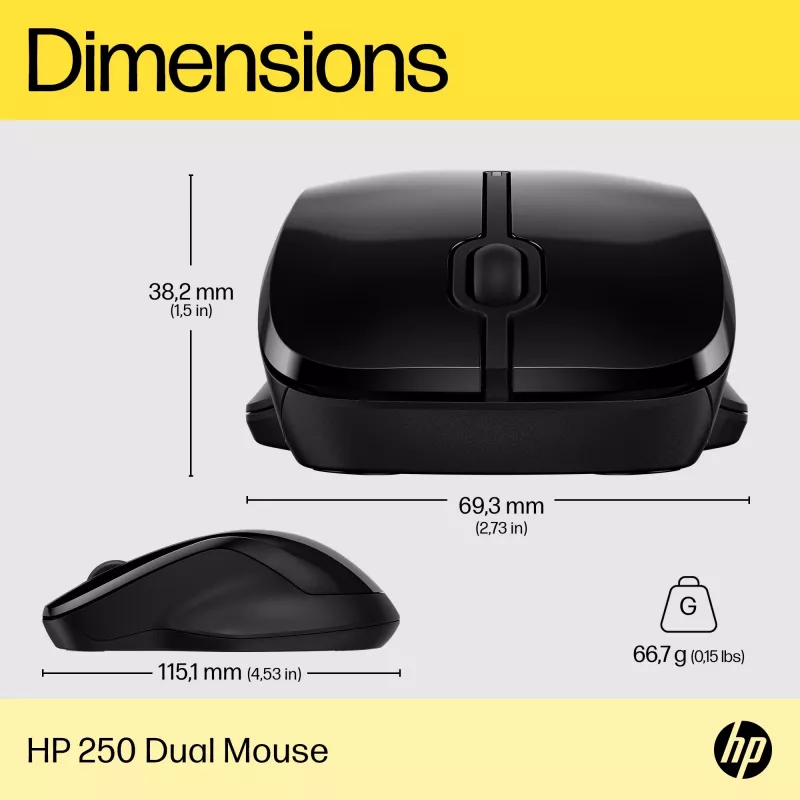 HP 250 Dual Mouse, ambidekstrinė, Bluetooth + USB-A, 1600 DPI, juoda