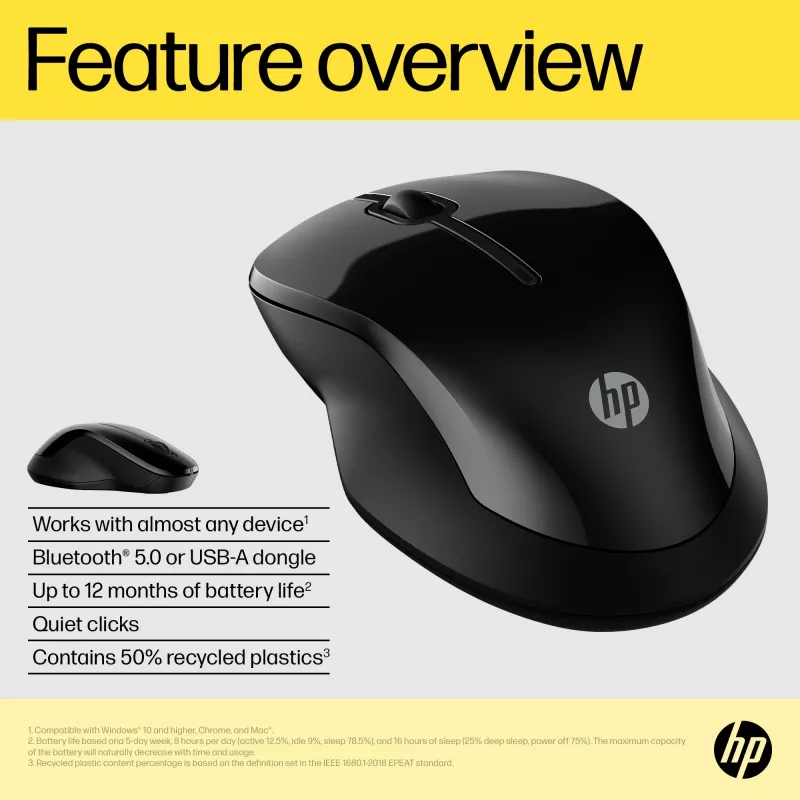 HP 250 Dual Mouse, ambidekstrinė, Bluetooth + USB-A, 1600 DPI, juoda