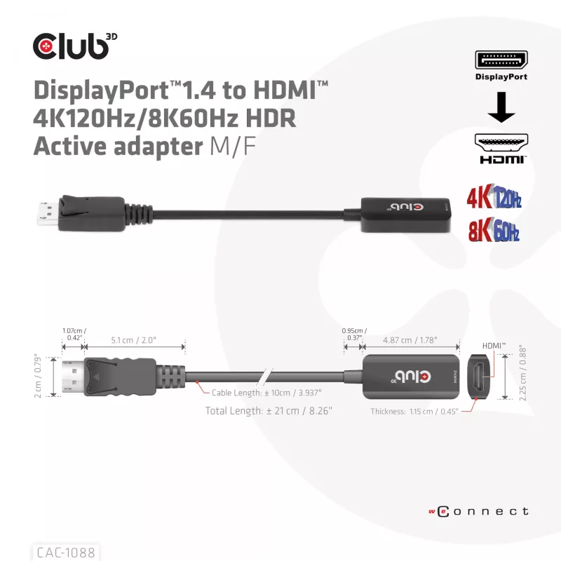 CLUB3D CAC-1088 DisplayPort 1.4 į HDMI 4K120Hz/8K60Hz HDR aktyvus adapteris (M/F)