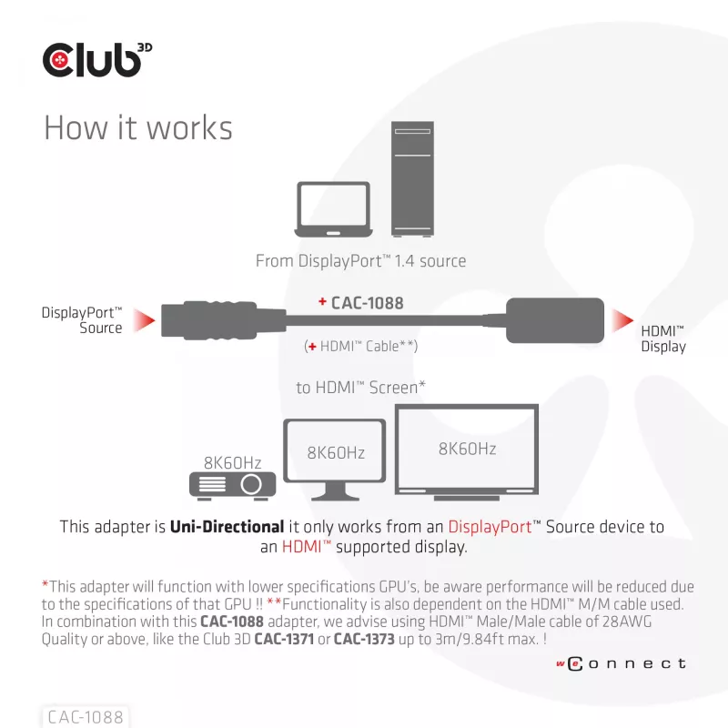 CLUB3D CAC-1088 DisplayPort 1.4 į HDMI 4K120Hz/8K60Hz HDR aktyvus adapteris (M/F)