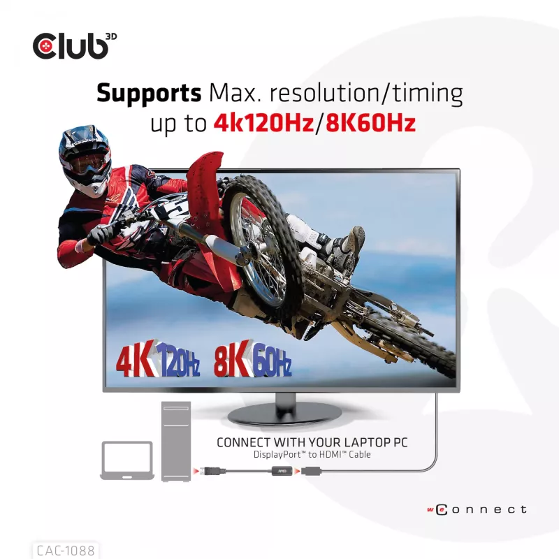 CLUB3D CAC-1088 DisplayPort 1.4 į HDMI 4K120Hz/8K60Hz HDR aktyvus adapteris (M/F)