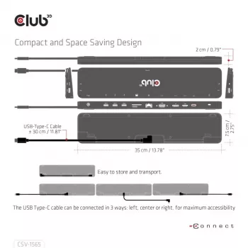 CLUB3D USB Gen1 Type-C Triple Display DP1.4 Alt mode Smart PD3.0 įkrovimo stotelė su 100 W maitinimo šaltiniu