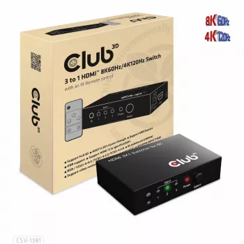 CLUB3D CSV-1381 3 į 1 HDMI™ 2.1a jungiklis, 8K60Hz/4K120Hz, 7680 x 4320 pikseliai, 8K Ultra HD, juodas