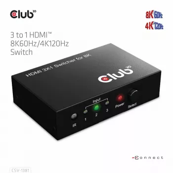 CLUB3D CSV-1381 3 į 1 HDMI™ 2.1a jungiklis, 8K60Hz/4K120Hz, 7680 x 4320 pikseliai, 8K Ultra HD, juodas