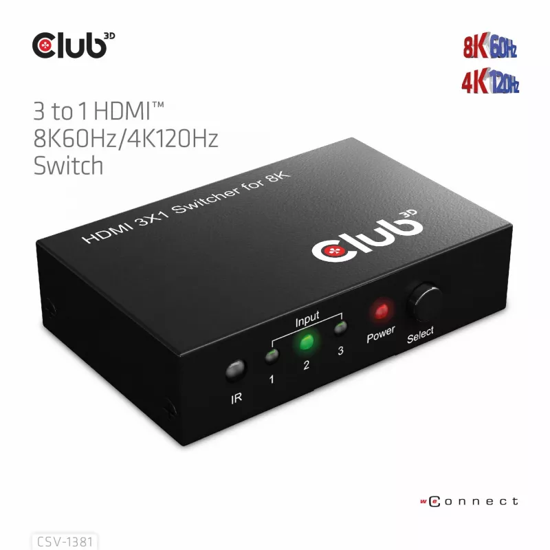 Club3D CSV-1381 HDMI jungiklis 3 į 1, 8K60Hz/4K120Hz