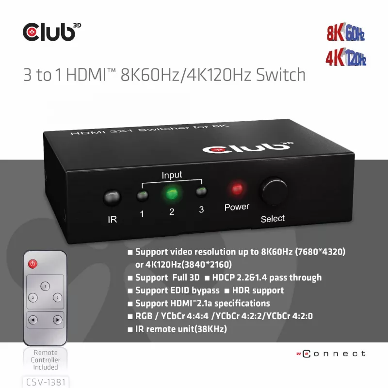 Club3D CSV-1381 HDMI jungiklis 3 į 1, 8K60Hz/4K120Hz