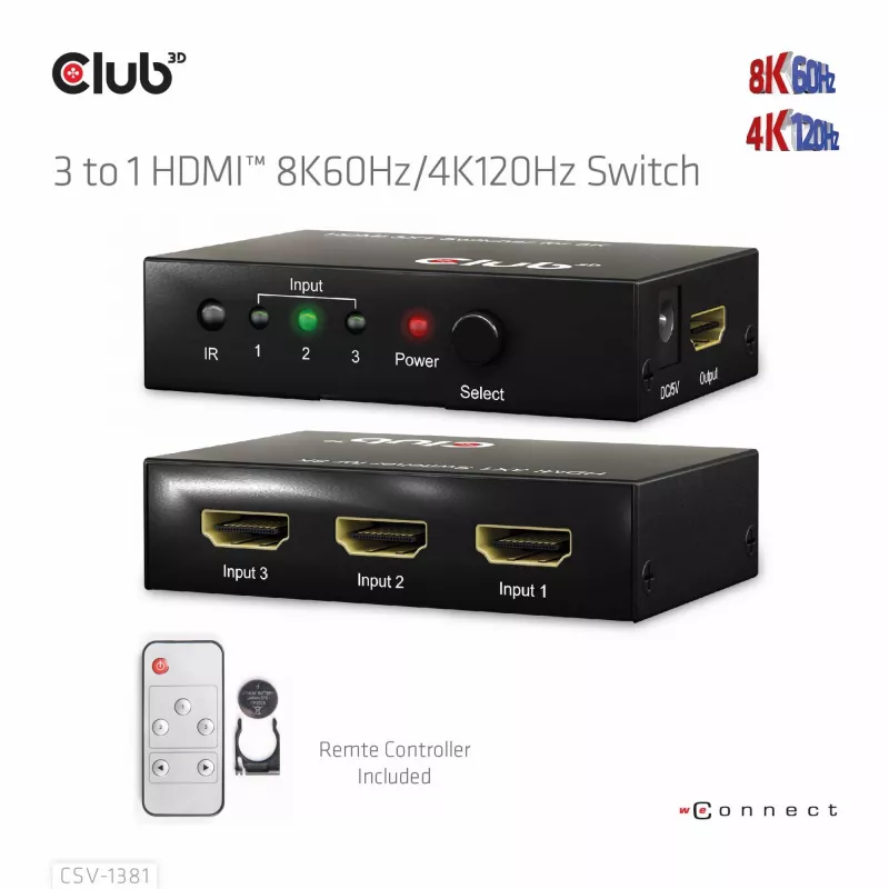 Club3D CSV-1381 HDMI jungiklis 3 į 1, 8K60Hz/4K120Hz