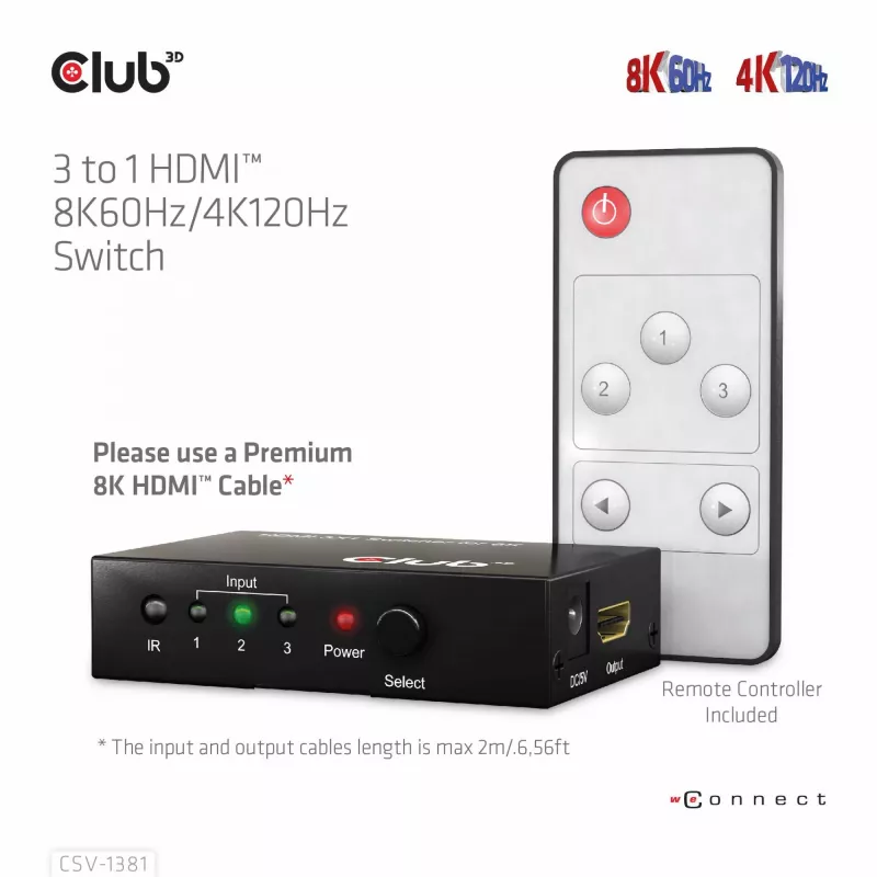 Club3D CSV-1381 HDMI jungiklis 3 į 1, 8K60Hz/4K120Hz