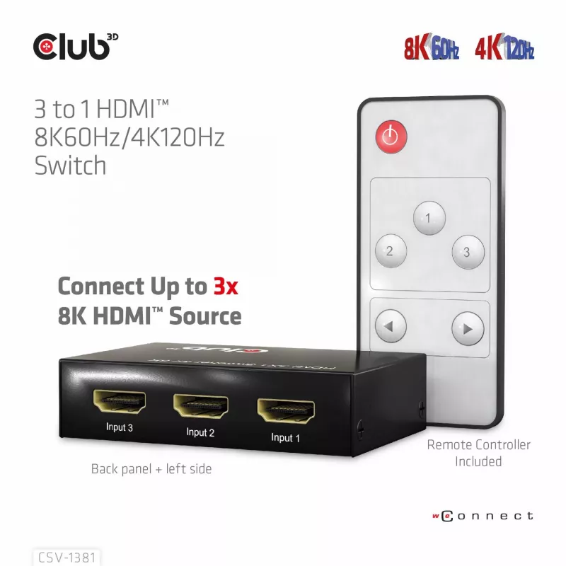 Club3D CSV-1381 HDMI jungiklis 3 į 1, 8K60Hz/4K120Hz