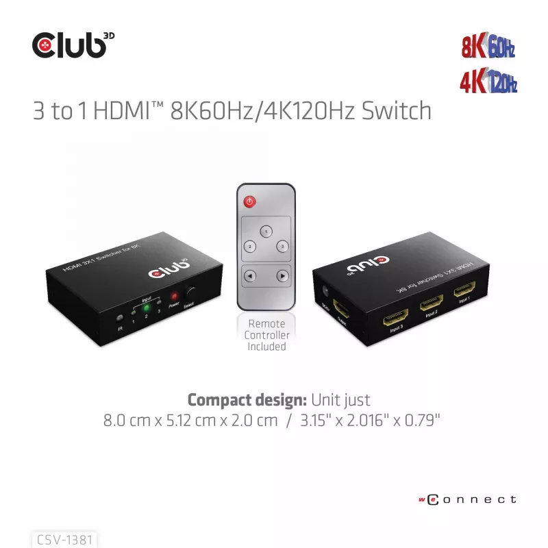 Club3D CSV-1381 HDMI jungiklis 3 į 1, 8K60Hz/4K120Hz