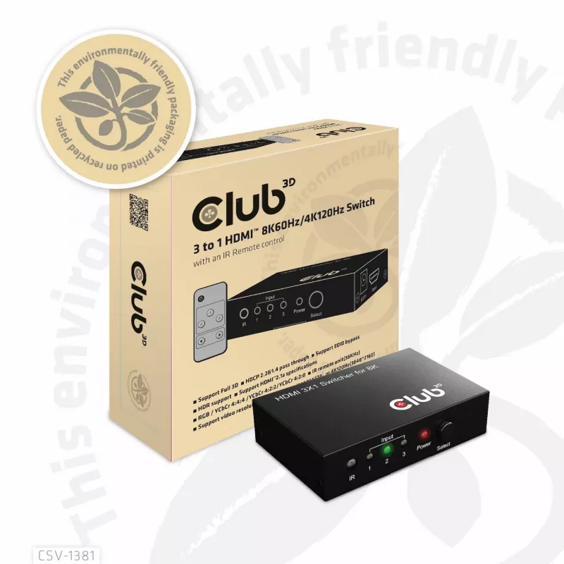 Club3D CSV-1381 HDMI jungiklis 3 į 1, 8K60Hz/4K120Hz