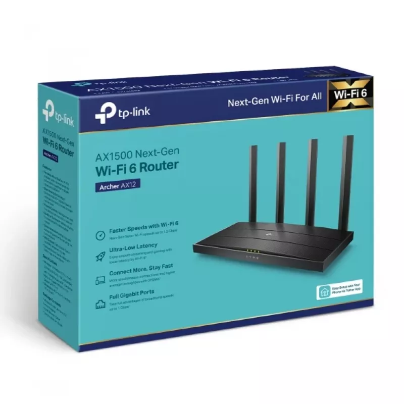 TP-Link Archer AX1500 Wi-Fi 6 maršrutizatorius, dviejų juostų (2,4 GHz / 5 GHz), Ethernet LAN, juodas, stalinis