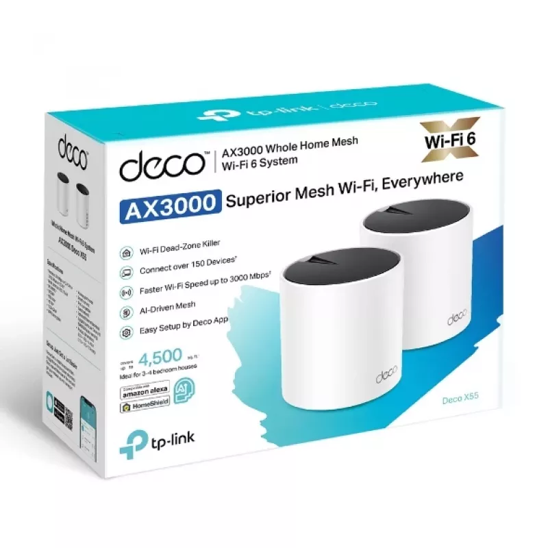 TP-Link Deco X55 (2 vnt.) belaidis maršrutizatorius „Mesh“ Wi-Fi 6 (802.11ax) dviejų juostų (2,4 GHz / 5 GHz) 3000 Mbit/s balta vidinės antenos