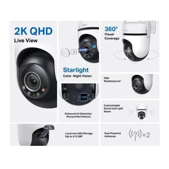 TP-Link Tapo C520WS lauko PTZ belaidė IP stebėjimo kamera, 2K QHD, naktinis matymas su spalvomis, IP66