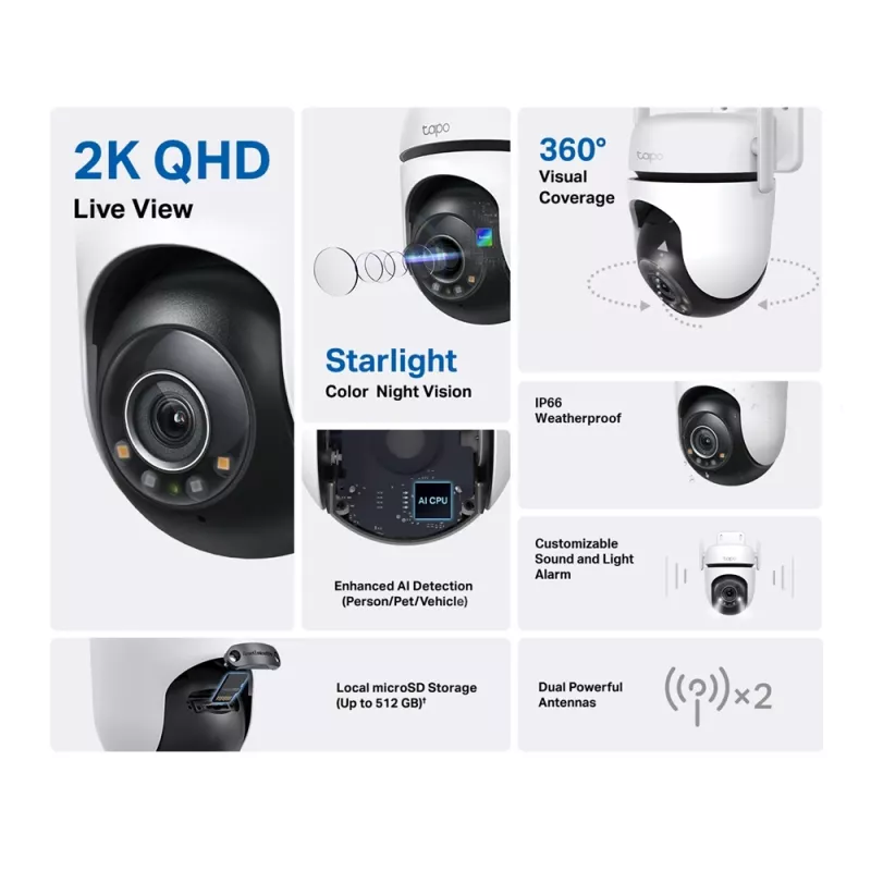 TP-Link Tapo C520WS lauko PTZ belaidė IP stebėjimo kamera, 2K QHD, naktinis matymas su spalvomis, IP66