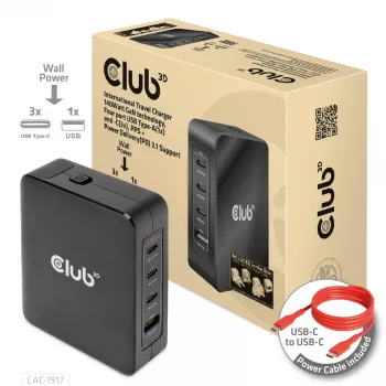CLUB3D International Travel Charger 140W GaN technologija, keturių prievadų USB-A (1x) ir USB-C (3x), PPS + Power Delivery 3.1 palaikymas