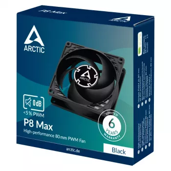80 mm ventiliatorius Arctic P8 Max High-Performance PWM, 80 mm skersmuo, juodas, 67,96 m³/h oro srautas, 0,6 sone