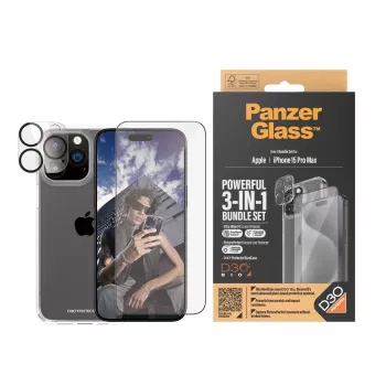 PanzerGlass ® 3-in-1 apsaugos rinkinys iPhone 15 Pro Max, Apple, Sausas užklijavimas, Atsparus smūgiams, Skaidrus, 1 vnt.