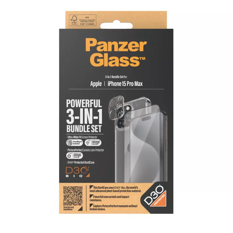PanzerGlass ® 3-in-1 apsaugos rinkinys iPhone 15 Pro Max, Apple, Sausas užklijavimas, Atsparus smūgiams, Skaidrus, 1 vnt.