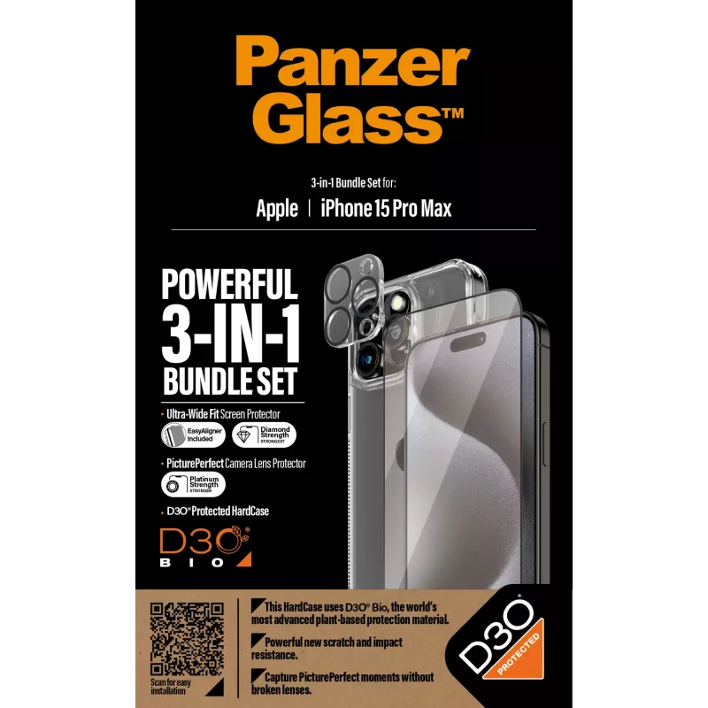 PanzerGlass ® 3-in-1 apsaugos rinkinys iPhone 15 Pro Max, Apple, Sausas užklijavimas, Atsparus smūgiams, Skaidrus, 1 vnt.