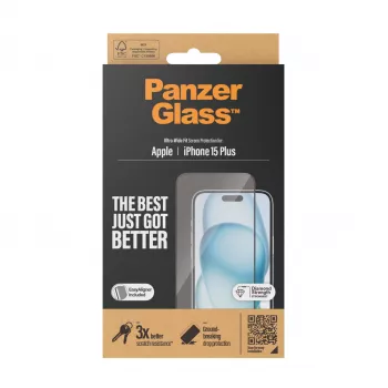 PanzerGlass® ekrano apsauga iPhone 15 Plus | Ultra-Wide Fit su EasyAligner