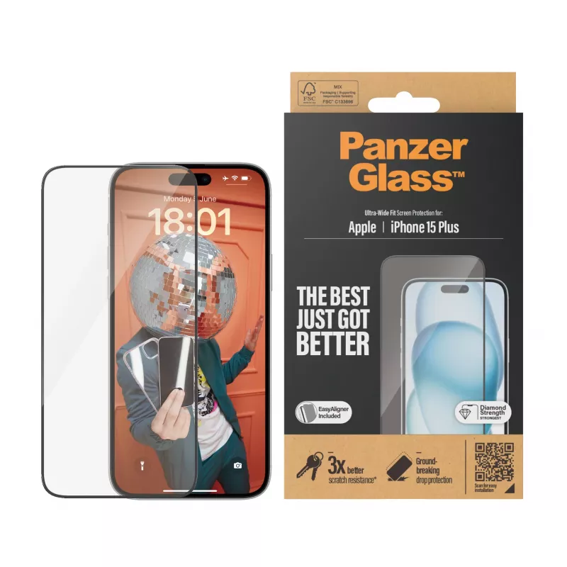 PanzerGlass® ekrano apsauga iPhone 15 Plus | Ultra-Wide Fit su EasyAligner