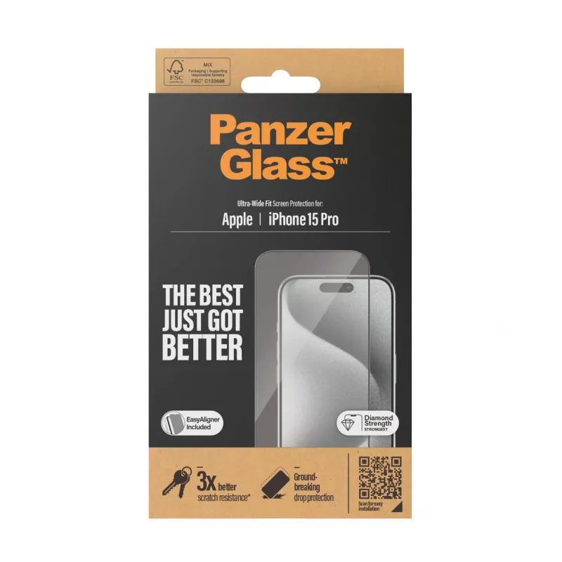 PanzerGlass® Ekrano apsauga iPhone 15 Pro | Ultra-Wide Fit su EasyAligner