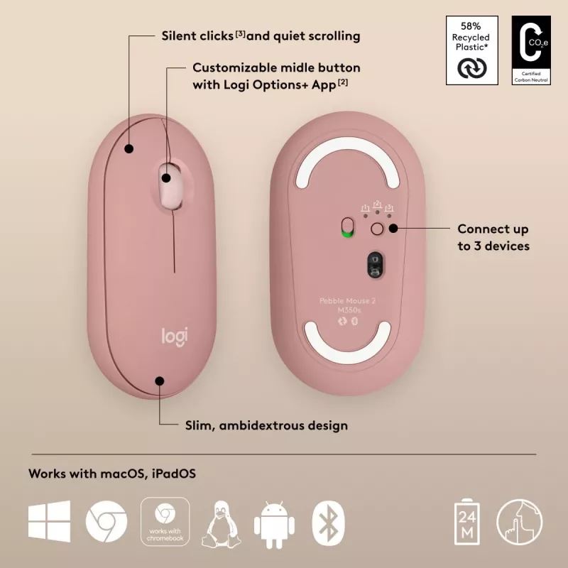 LOGITECH Pebble 2 M350s belaidė optinė pelė rožinė