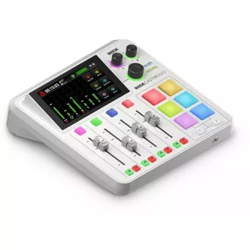 Audio sąsaja Rode RodeCaster Duo balta – 2 kanalų USB podcastų konsolė su mikseriu ir pirminiais stiprintuvais