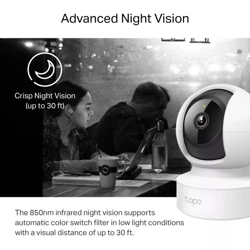 IP vaizdo stebėjimo kamera TP-Link Tapo C212 — 3 MP (2304×1296), 107,5° diag., Wi‑Fi ir Ethernet, be PoE, MicroSD iki 512 GB, vidaus montavimas ant lubų/sienos/stalo