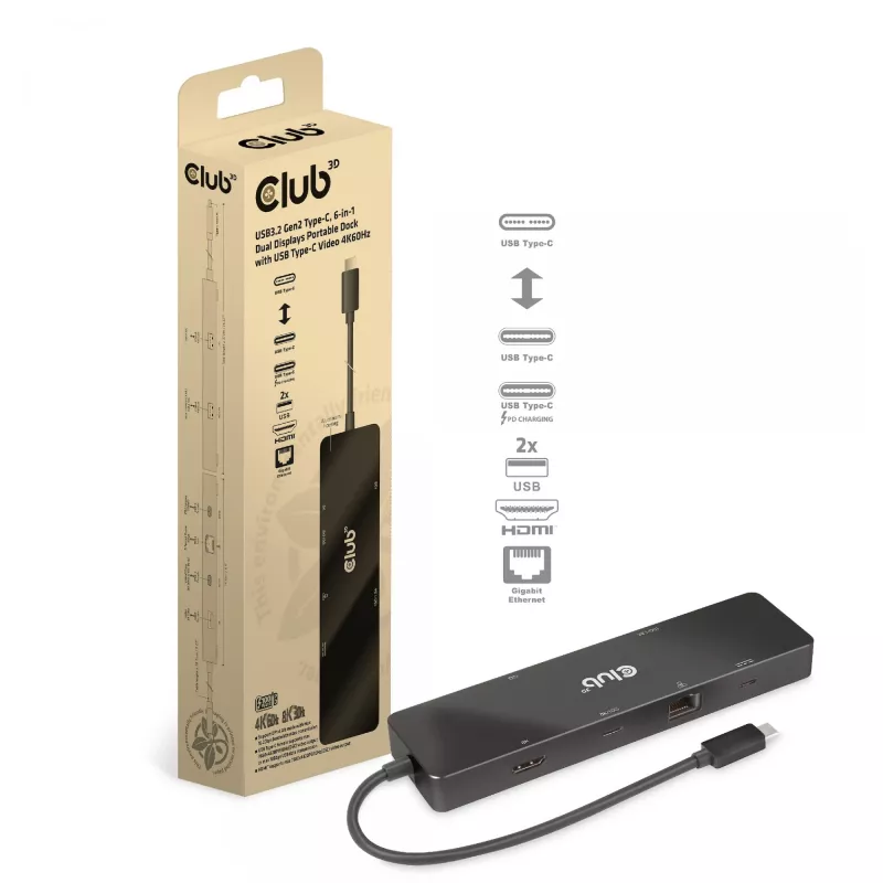 CLUB3D USB3.2 Gen2 Type-C 6-in-1 Dual Displays Portable Dock su USB Type-C vaizdo 4K60Hz