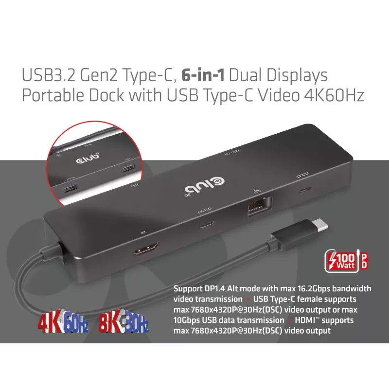 CLUB3D USB3.2 Gen2 Type-C 6-in-1 Dual Displays Portable Dock su USB Type-C vaizdo 4K60Hz