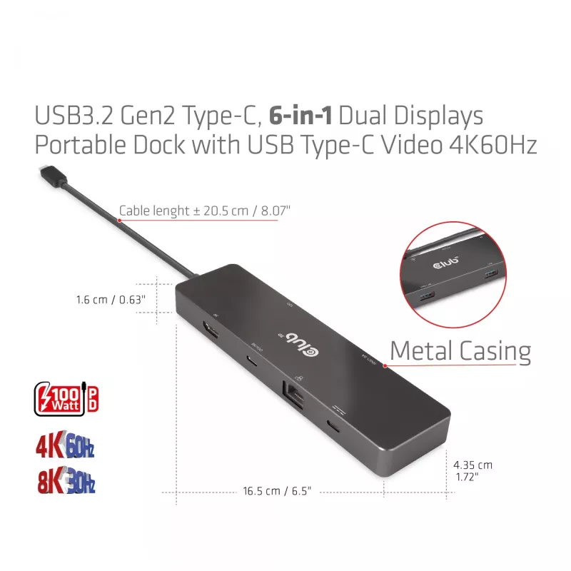 CLUB3D USB3.2 Gen2 Type-C 6-in-1 Dual Displays Portable Dock su USB Type-C vaizdo 4K60Hz