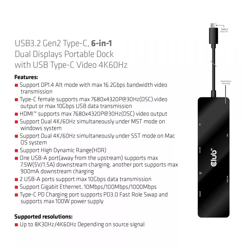 CLUB3D USB3.2 Gen2 Type-C 6-in-1 Dual Displays Portable Dock su USB Type-C vaizdo 4K60Hz