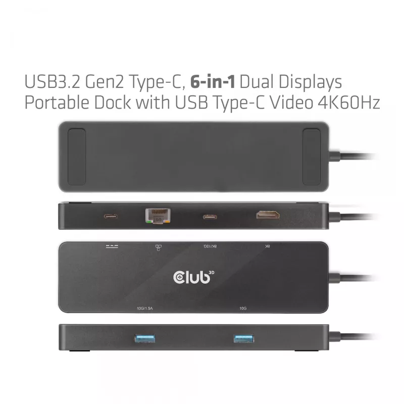 CLUB3D USB3.2 Gen2 Type-C 6-in-1 Dual Displays Portable Dock su USB Type-C vaizdo 4K60Hz