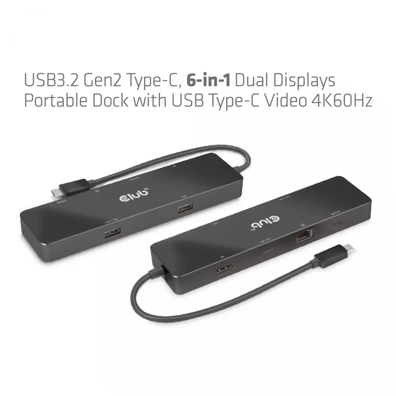 CLUB3D USB3.2 Gen2 Type-C 6-in-1 Dual Displays Portable Dock su USB Type-C vaizdo 4K60Hz