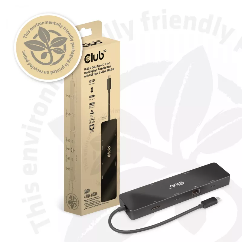 CLUB3D USB3.2 Gen2 Type-C 6-in-1 Dual Displays Portable Dock su USB Type-C vaizdo 4K60Hz