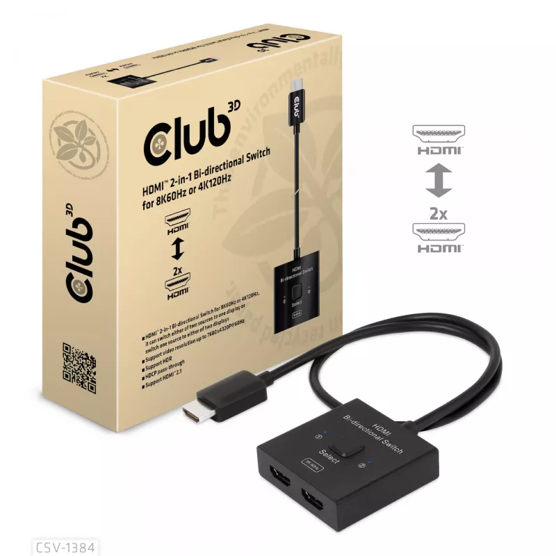 CLUB3D HDMI 2-in-1 dvipusis jungiklis 8K60Hz 4K120Hz CSV-1384