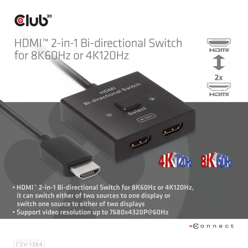 CLUB3D HDMI 2-in-1 dvipusis jungiklis 8K60Hz 4K120Hz CSV-1384