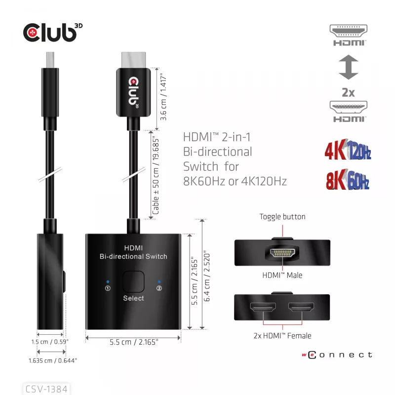 CLUB3D HDMI 2-in-1 dvipusis jungiklis 8K60Hz 4K120Hz CSV-1384