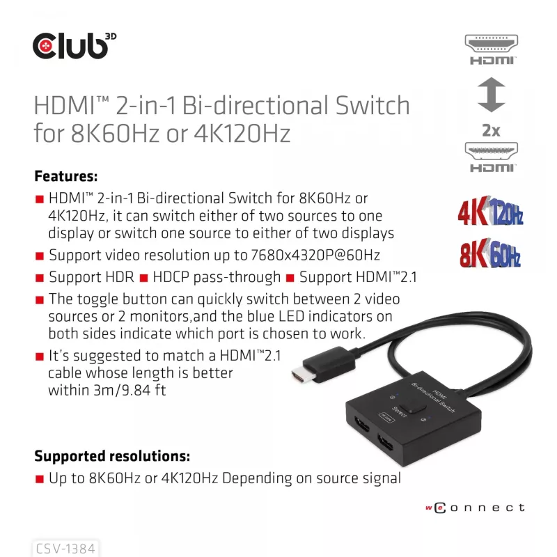 CLUB3D HDMI 2-in-1 dvipusis jungiklis 8K60Hz 4K120Hz CSV-1384