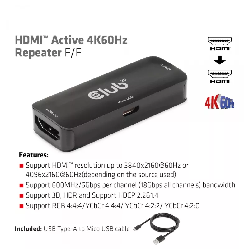 CLUB3D CAC-1307 HDMI aktyvus kartotuvas 4K60Hz F/F