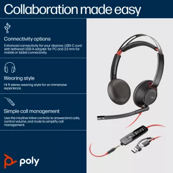 HP Poly Blackwire 5220 Stereo USB-C ausinės su 3,5 mm kištuku ir USB-C/A adapteriu